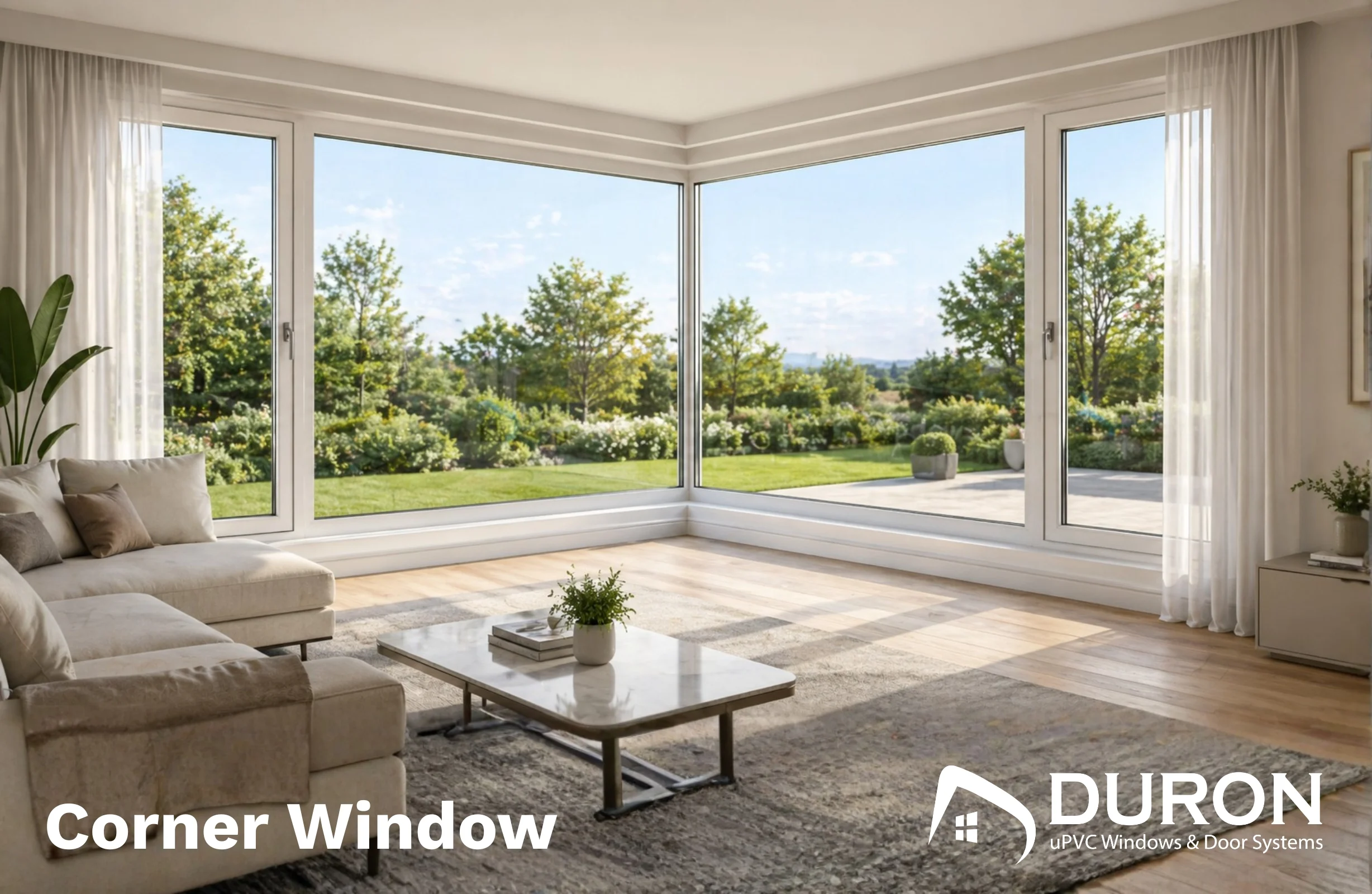 Bright living room with large corner window offering panoramic garden view and natural sunlight.