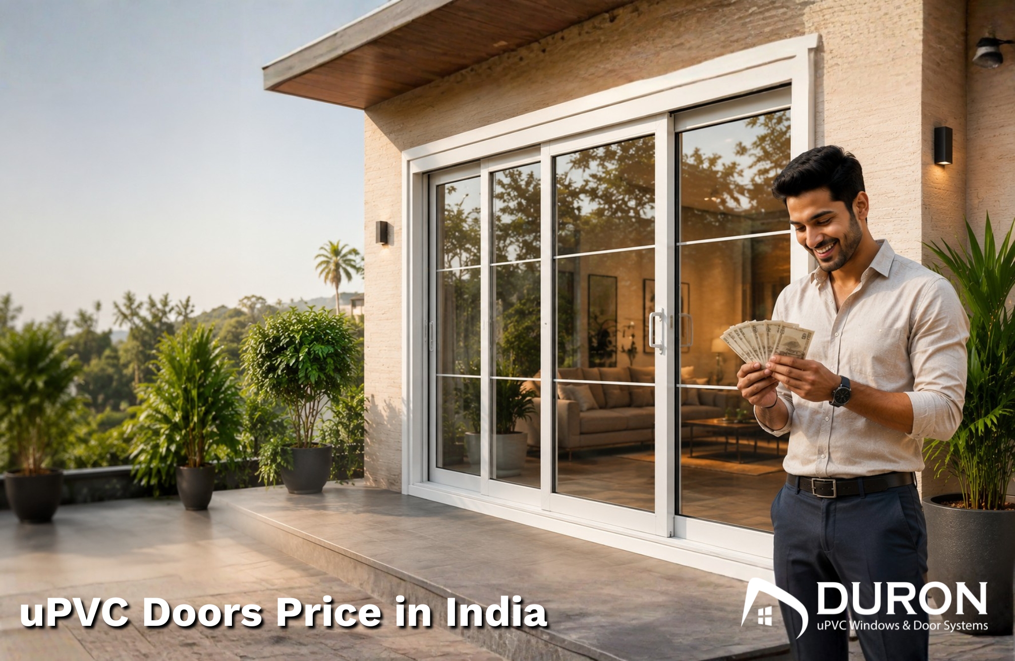 uPVC Doors Price in India with modern sliding glass door design and smart Indian man counting money
