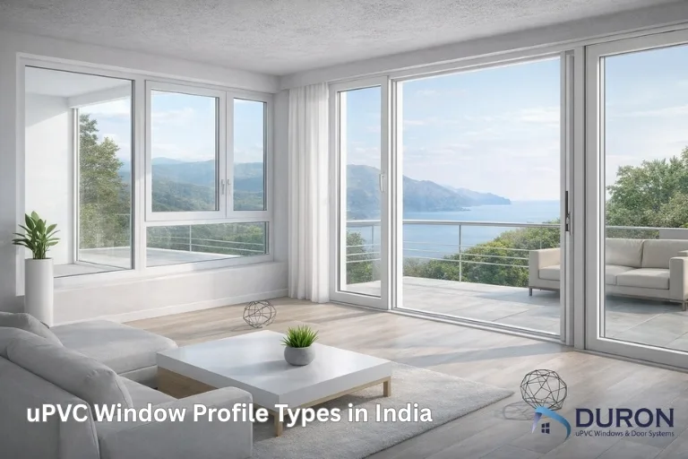 Modern living room with large uPVC window profile type in India and sea view